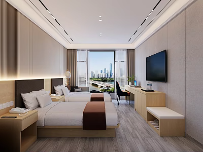 Modern Hotel Room With Twin Beds City View TV Desk And Wooden Furniture 3d model