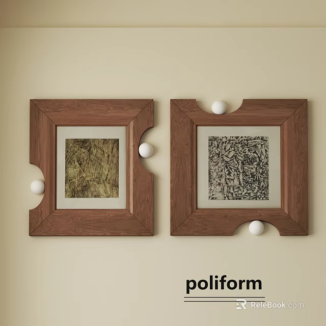 Two Abstract Paintings In Walnut Frames With Decorative White Balls On Beige Wall 3d model 