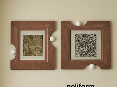 Two Abstract Paintings In Walnut Frames With Decorative White Balls On Beige Wall 3d model