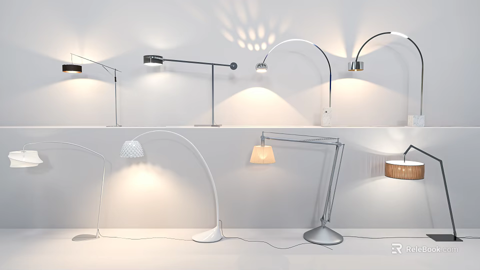 Modern Stylish Floor Lamps With Various Designs Shades And Warm Light Effects 3d model 