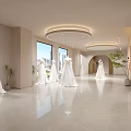 Elegant Bridal Shop Interior With White Wedding Dresses Arched Doorways Polished Floor And Soft Lighting