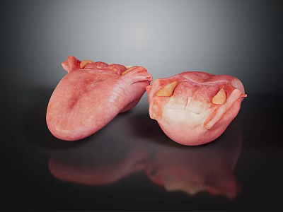 Pink Heart Shaped Objects With Yellow Patches On Dark Background And Reflection 3d model