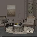 Natural Wicker Armchair And Coffee Table Set With Wall Painting Wooden Screen And Round Rug