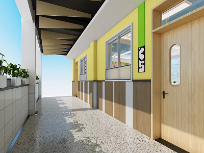 Campus Corridor With Yellow Green Walls Wooden Doors Potted Plants Terrazzo Floor And Natural Light 3d model