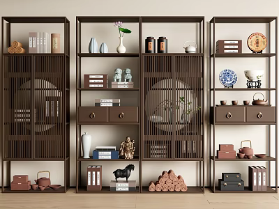 Traditional Chinese Curio Shelf Displaying Books Vases Tea Sets And Decorative Ornaments 3d model