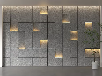Gray Block Panel Feature Wall Design With Recessed Lighting And Potted Plant 3d model