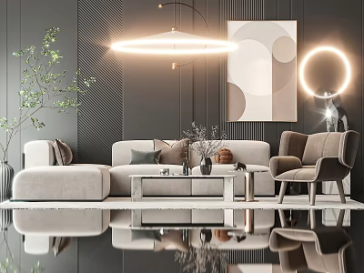 Elegant Modern Sofa And Coffee Table Set With Light Beige Upholstery And Round Decorative Lamps 3d model