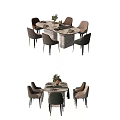 Modern Dining Table Set With Marble Tabletop And Upholstered Chairs Plus Decorative Flower Arrangement 3d model