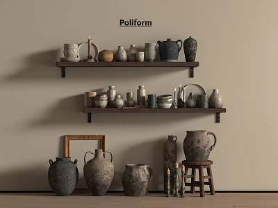 Vintage Ceramic Vessels Display On Wooden Shelves And Floor With Various Shapes And Rustic Design 3d model