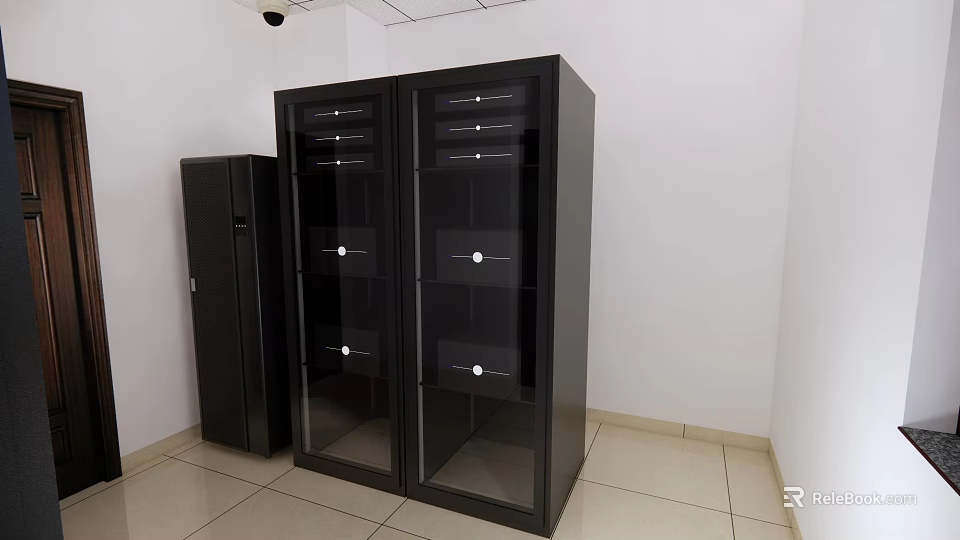 Black Storage Cabinet With Glass Doors And Adjacent Cabinet In White Wall Light Floor Room 3d model 