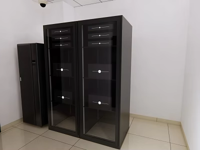 Black Storage Cabinet With Glass Doors And Adjacent Cabinet In White Wall Light Floor Room 3d model