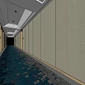 Modern Elevator Corridor With Wooden Doors Framed Artwork Blue Carpet And Ceiling Lights 3d model