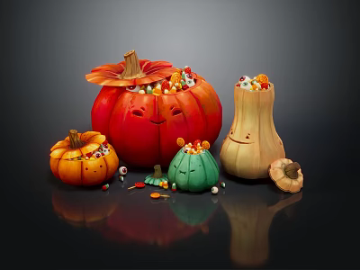 Colorful Decorative Pumpkin Ornament Set With Smiling Faces And Bead Decorations 3d model