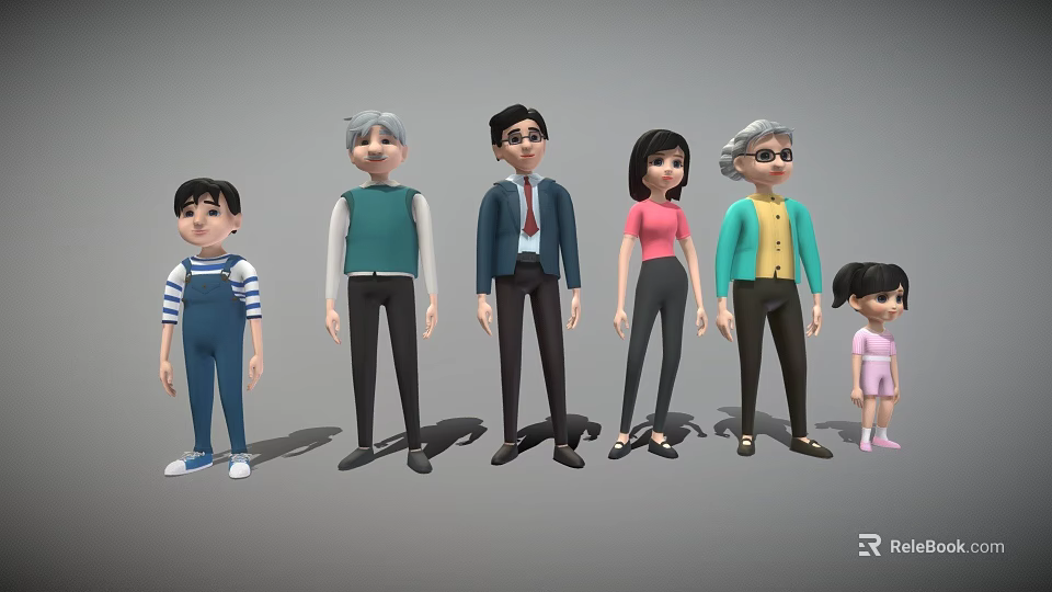 Cartoon Style Game and Movie Characters of Various Ages and Genders Standing in a Row 3d model 