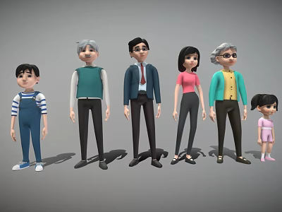 Cartoon Style Game and Movie Characters of Various Ages and Genders Standing in a Row 3d model