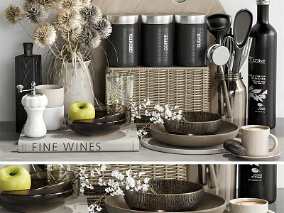 Modern Kitchen Utensils Display With Ceramic Bowls Glass Mugs Storage Jars And Fresh Apples 3d model