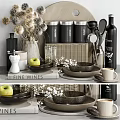 Modern Kitchen Utensils Display With Ceramic Bowls Glass Mugs Storage Jars And Fresh Apples