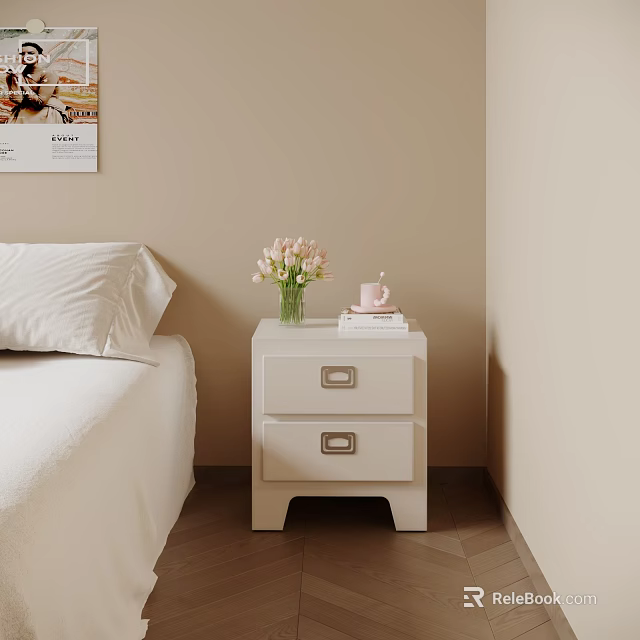 White Bedside Nightstand With Vase Of Pink Flowers Pink Cup And Stacked Books 3d model 