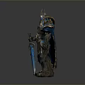 Man In Blue Spiked Armor Holding Glowing Blue Long Sword With Cloak