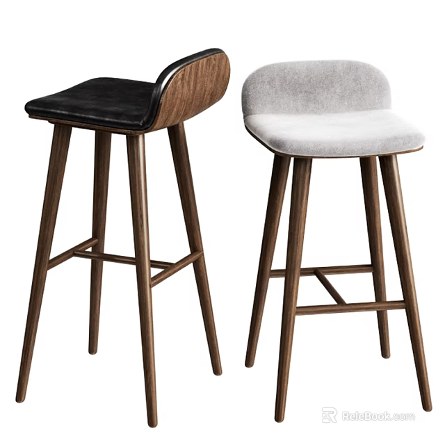 Modern Bar Stools With Wooden Backrest Black Leather And Gray Padded Seats Dark Legs 3d model 