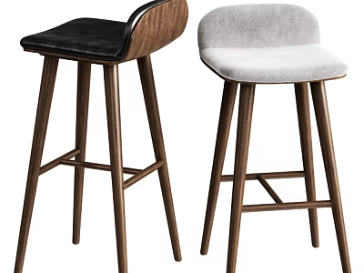 Modern Bar Stools With Wooden Backrest Black Leather And Gray Padded Seats Dark Legs 3d model
