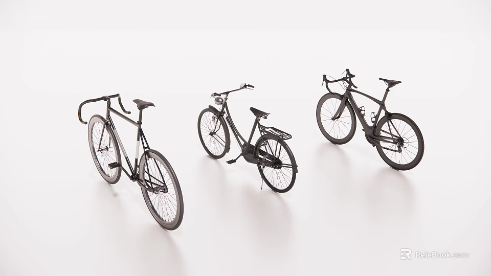 Three Black Bicycles With Modern Design And Different Styles On White Background 3d model 