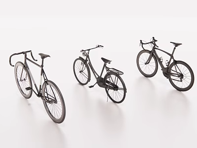 Three Black Bicycles With Modern Design And Different Styles On White Background 3d model