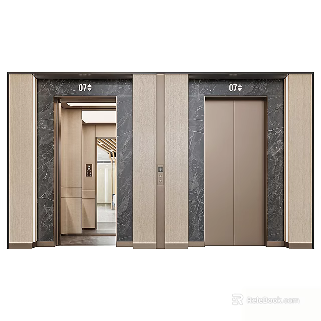 Modern Elevator Design With Marble And Wooden Accents Numbered 07 Open Closed Doors 3d model 