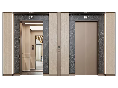 Modern Elevator Design With Marble And Wooden Accents Numbered 07 Open Closed Doors 3d model