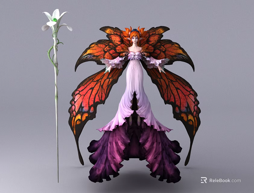 Elegant Game Movie Character With Orange Hair Large Butterfly Wings Purple Dress And White Flower 3d model 