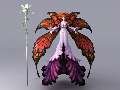 Elegant Game Movie Character With Orange Hair Large Butterfly Wings Purple Dress And White Flower 3d model