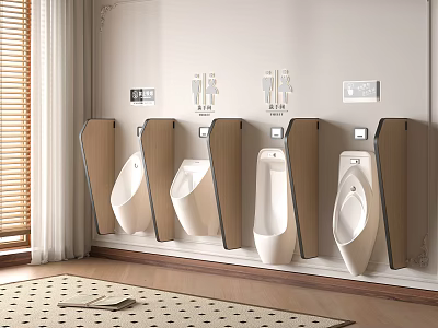 Modern Public Bathroom Featuring White Toilets With Wooden Partitions And Wall Mirrors 3d model