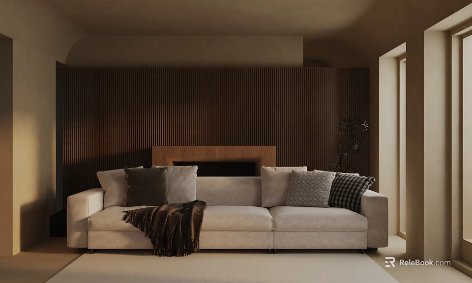 Three Seater Sofa in Modern Living Room With Dark Wooden Slat Wall and Plush Cushions 3d model 