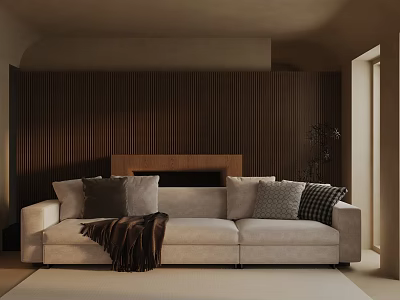 Three Seater Sofa in Modern Living Room With Dark Wooden Slat Wall and Plush Cushions 3d model