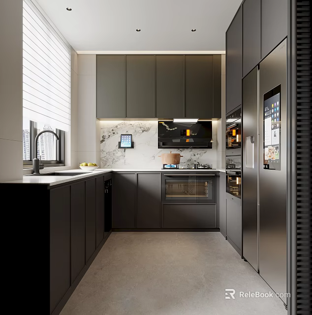 Sleek Modern Kitchen Interior With Dark Cabinets Marble Countertop Stainless Steel Refrigerator And Built-in Oven 3d model 