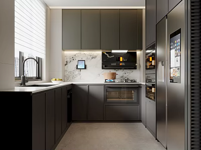 Sleek Modern Kitchen Interior With Dark Cabinets Marble Countertop Stainless Steel Refrigerator And Built-in Oven 3d model