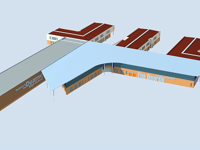 Modern School Building Exterior With Red Roof Orange Walls And Connected Wings Structure 3d model