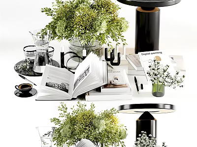 Modern Minimalist Decorative Ornament Combination With Green Plants Open Books And Glass Vases 3d model