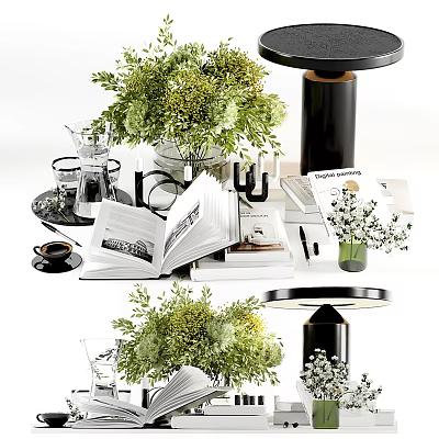 Modern Minimalist Decorative Ornament Combination With Green Plants Open Books And Glass Vases 3d model