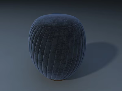 Modern Blue Velvet Round Ottoman with Vertical Striped Design for Living Room 3d model