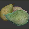 Three Fresh Ripe Pears Greenish Yellow with Red Spots on Dark Background
