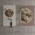 Stylish Wall Decor Featuring Circular Design Tree Branch Green Leaves on Gray Wall 3d model