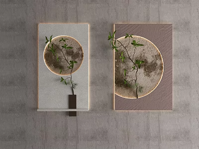 Stylish Wall Decor Featuring Circular Design Tree Branch Green Leaves on Gray Wall 3d model