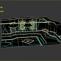 Cartoon Futuristic Scene with Cyan Neon Lights Black Structure and Glowing Geometric Patterns