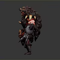 Fierce Muscular Orc Warrior With Brown Fur Red Decorations Skull Ornament Holding Weapons