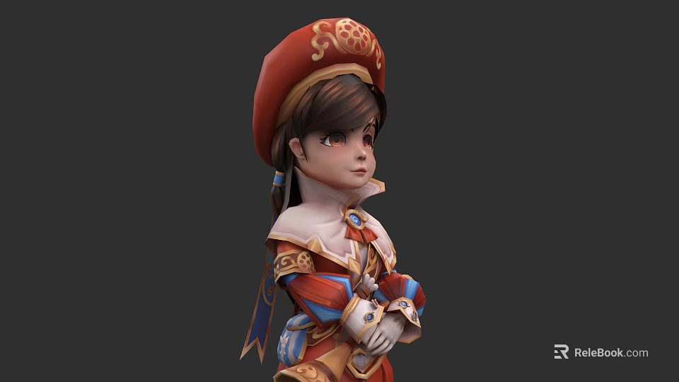Game Movie Character Young Girl with Red Gold Ornament Hat Red Blue Outfit Arms Crossed 3d model 
