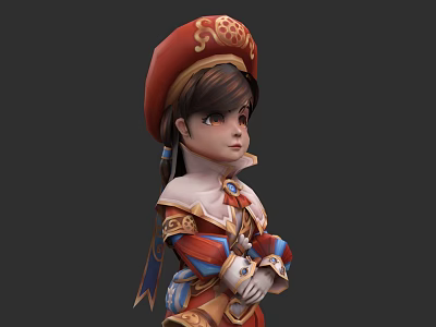 Game Movie Character Young Girl with Red Gold Ornament Hat Red Blue Outfit Arms Crossed 3d model