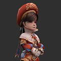 Game Movie Character Young Girl with Red Gold Ornament Hat Red Blue Outfit Arms Crossed