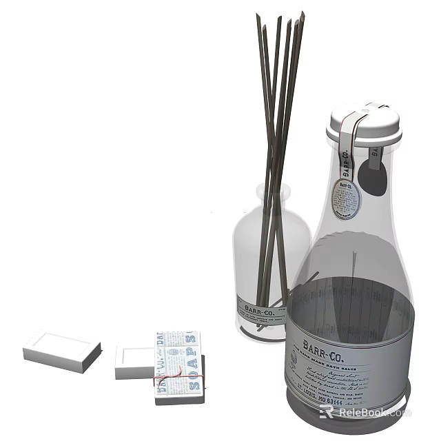 Bathroom Accessories With Glass Reed Diffuser Bottles Soap Bars And Labels 3d model