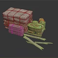 Rustic Stacked Packages With Wooden Crates Clay Pots And Logs On Dark Surface
